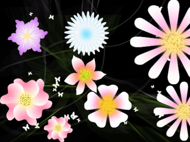 little butterflies and flowers over black background