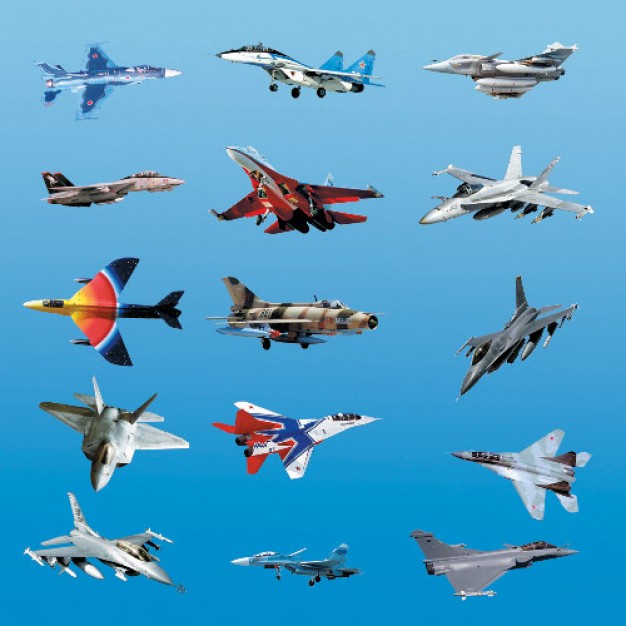 a variety of fighter with blue sky background