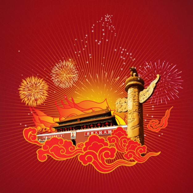 chinese national celebration with firework and tiananmen layered material