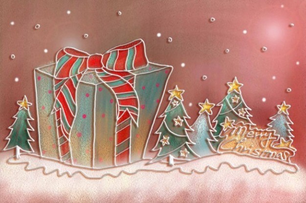 christmas illustration layered pastels with big gift box painted by hand