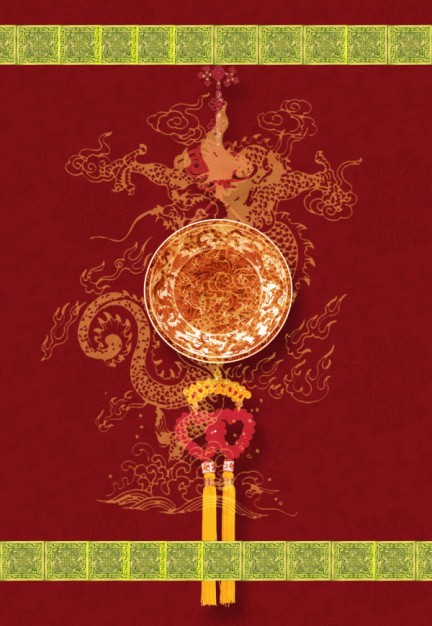 classical dragon layered material with golden ribbon and red background