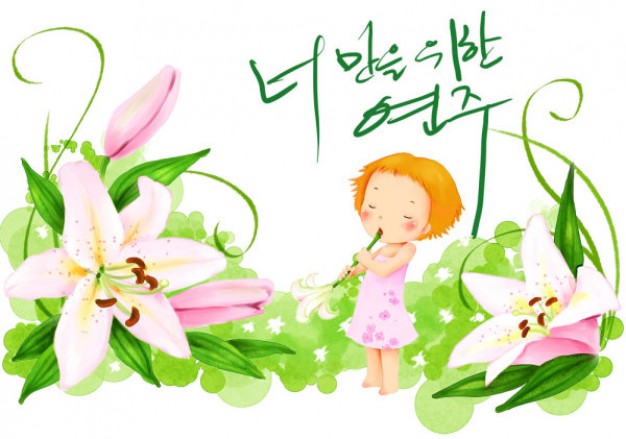 korean children illustrator material that girl play morning glory