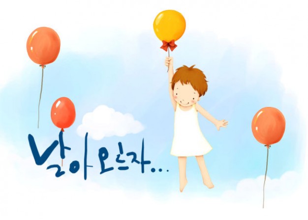 korean children s illustrator material that girl flying by balloon