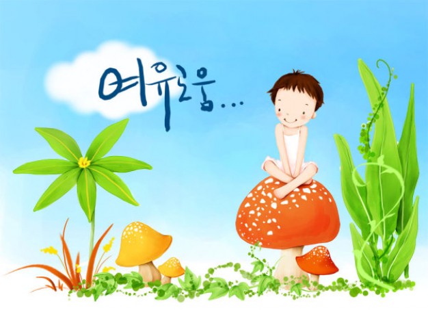 korean children s illustrator material that girl sitting on mushroom and grass at side