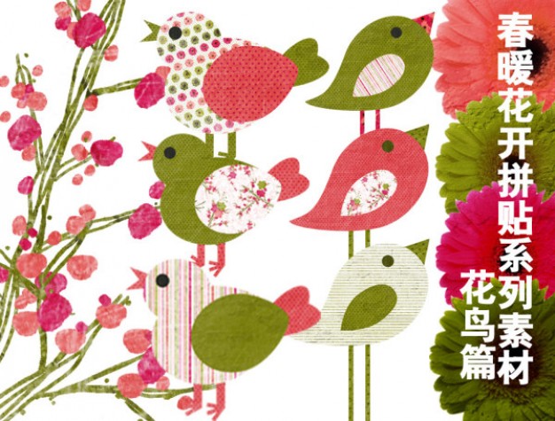 spring series of collage material bird articles in green and pink