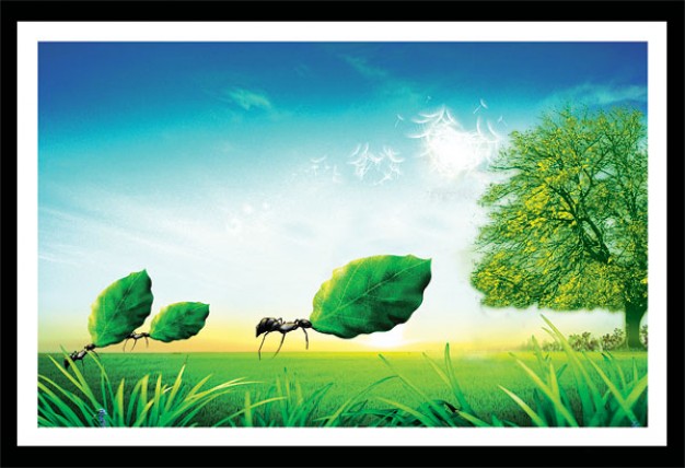 synthetic landscape layered material with grassland tree blue sky