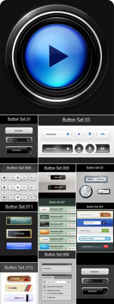 a variety of button icons layered material with media play stop search