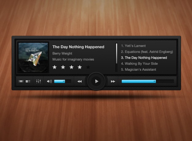 dark complex music player UI with wood background