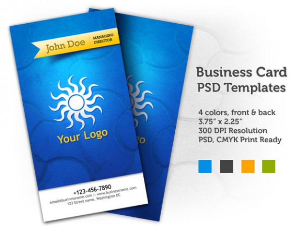 blue business card templates with spiral sun icon in front back