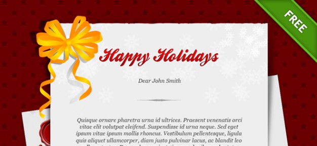 happy holiday card template with orange ribbon flower and red background