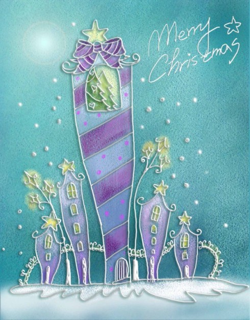 pastels hand painted christmas illustration layered with abstract sweet building