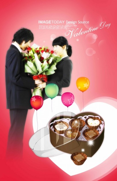 valentine day theme layered material with couple of lovers and chocolate