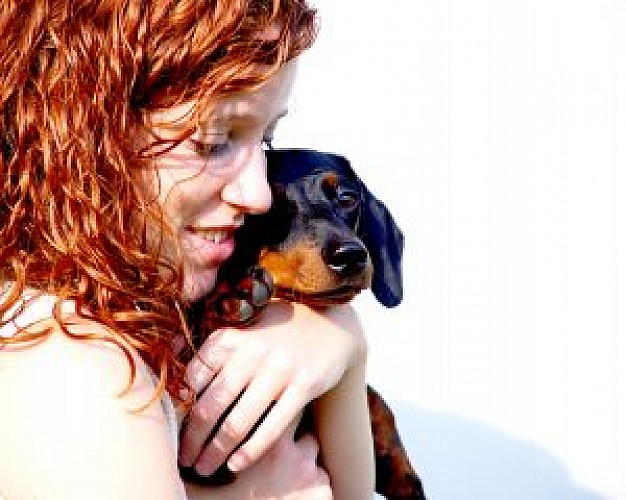 blond girl hanging with dog