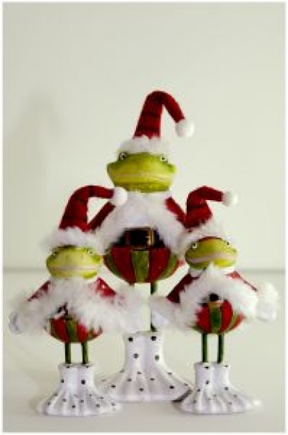 christmas frogs with Christmas clothing and hats