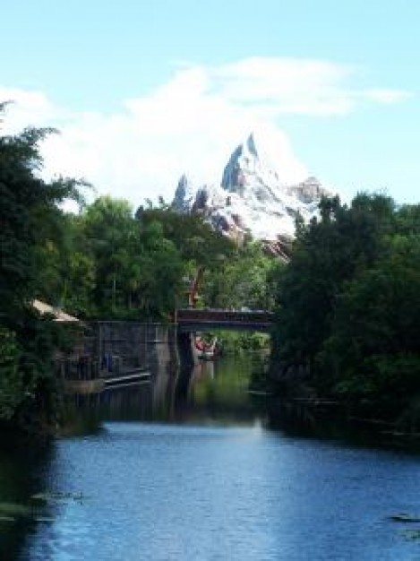 mountain range at disneys animal kingdom with bridge