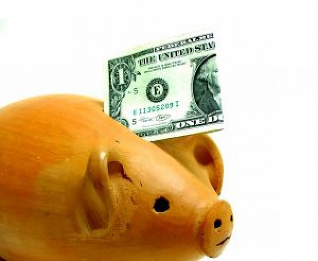 yellow piggy bank with dollar dropped in