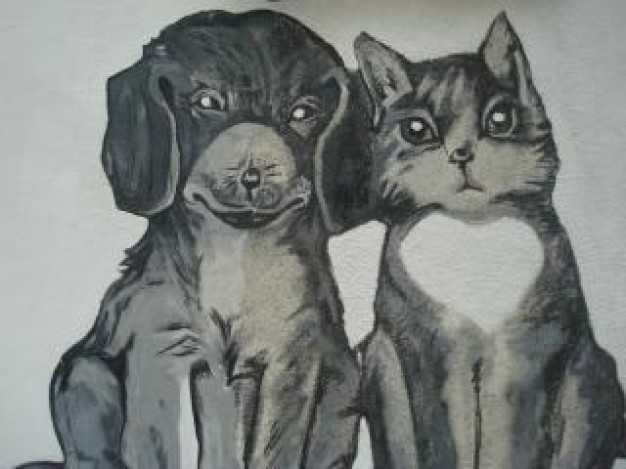 cat and dog painting clip art over gray background