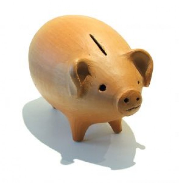 plastic piggy bank standing with shadow