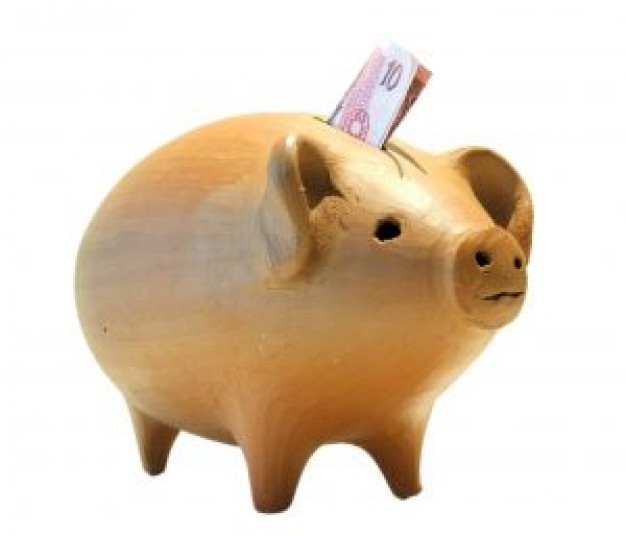 plastic piggy bank with money showing saving concept