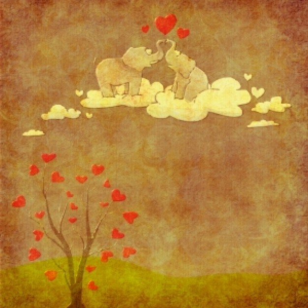 two elephants in love on white cloud of Vintage style