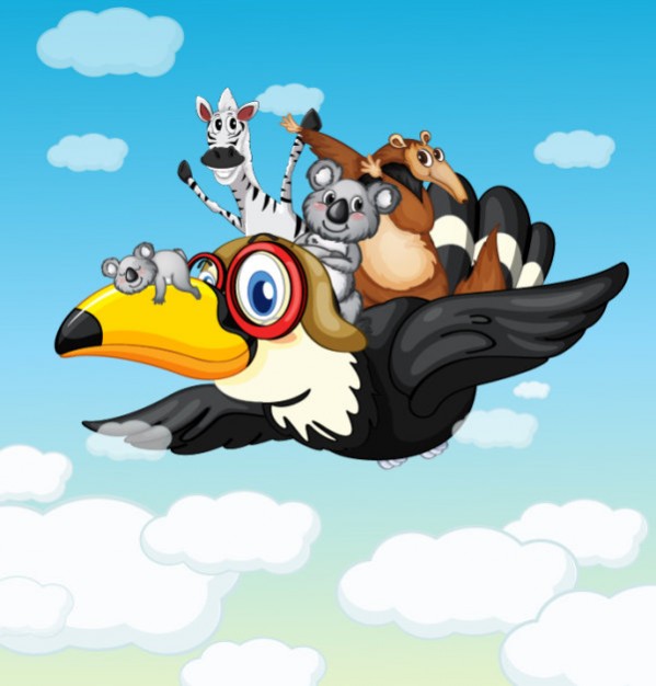 animals flying on a toucan including Koala zebra