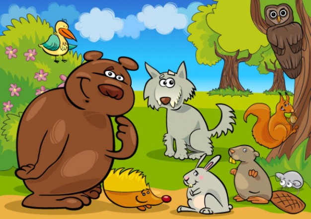animals of forest with tree wolf monkey rabbit bear squirrel