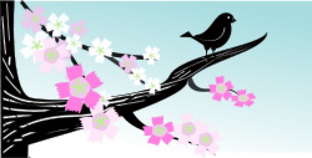 bird on the branch in full flower in spring