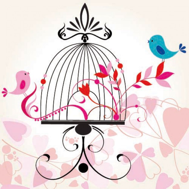 bird standing near romantic birdcage painted illustrations