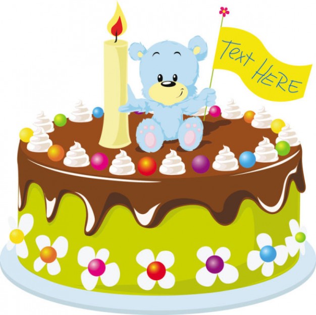 birthday cake with a bear carrying candle and a flag