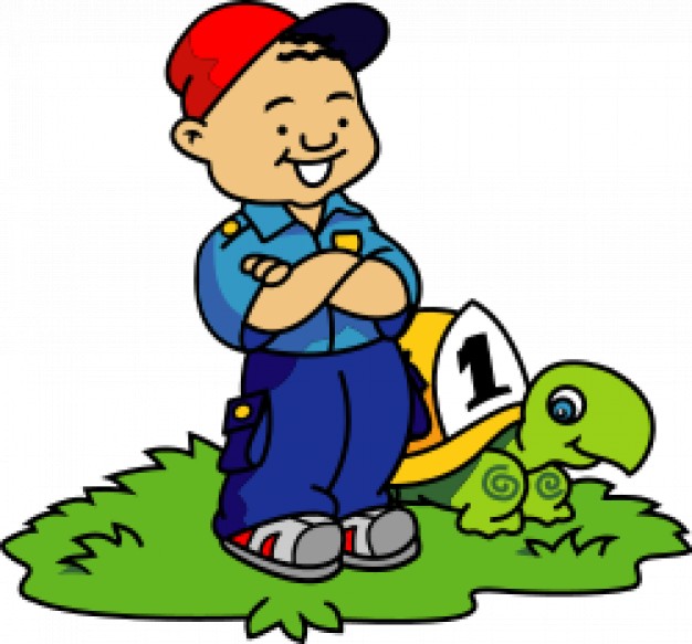 boy and turtle on the grass