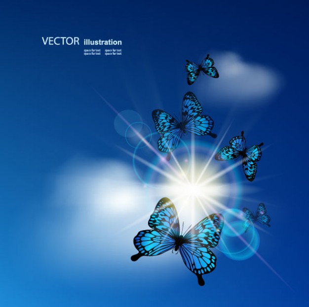 butterflies around of a lens flare over blue sky