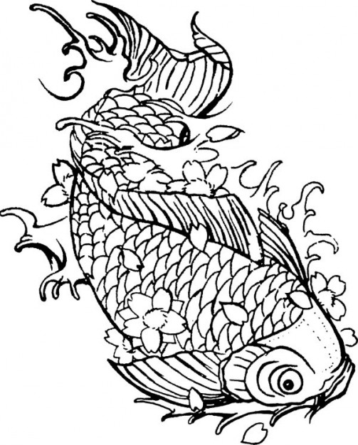 carp swiming over water wave in line art material