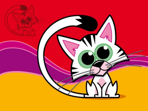 cartoon cat with big eyes over colorful wave background