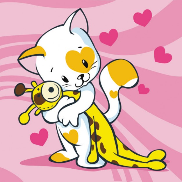 cartoon cute cat hold giraffe toy with pink background