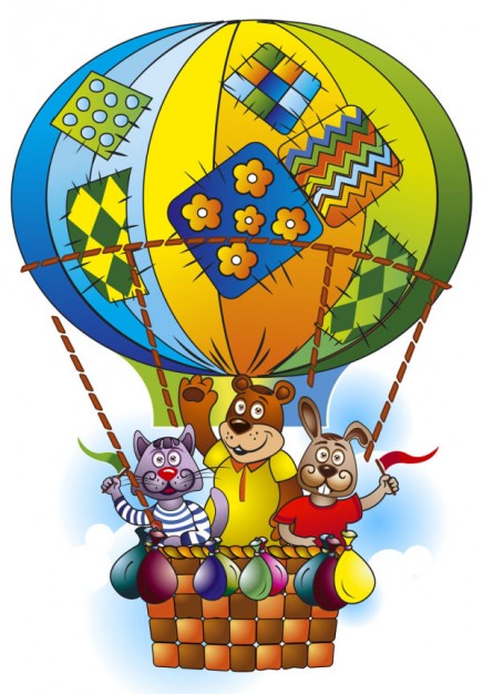 cartoon hot air balloon with the animals like bear rabbit etc
