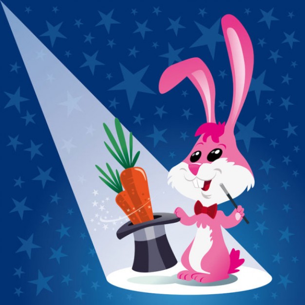 cartoon magic rabbit material over blue stars background