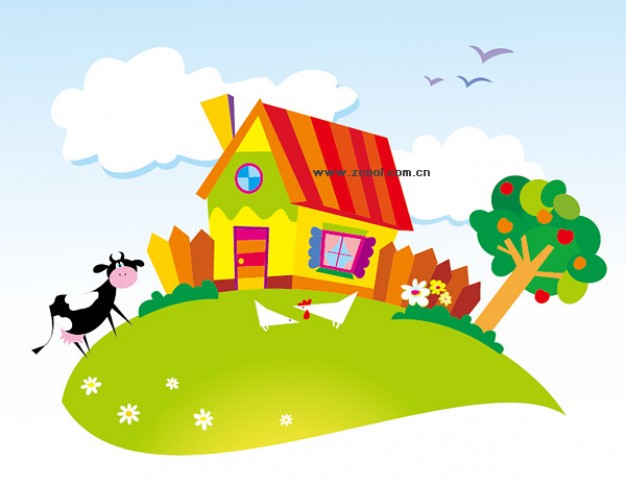 cartoon scenery material with cow and cock tree house