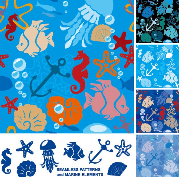 colorful marine organisms silhouette material with seahorse squid etc