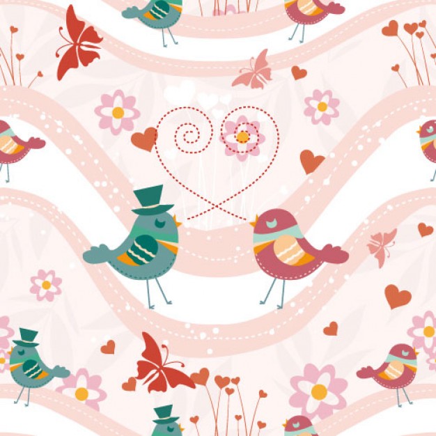 couple of birds with curly lines and hearts for Valentine day