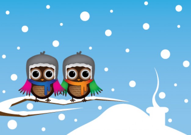 couple of cut owls with hat and neckerchief on the branch over snow housetop