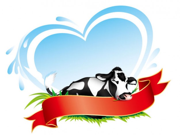 cow behind a ribbon over a blue heart background