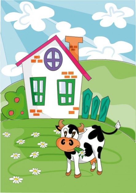 cow standing beside a house in sunny farm