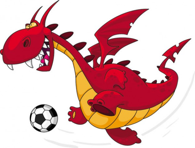 cute red dragon playing soccer or football