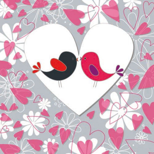 romantic couple bird painted by hand illustrations with heart background