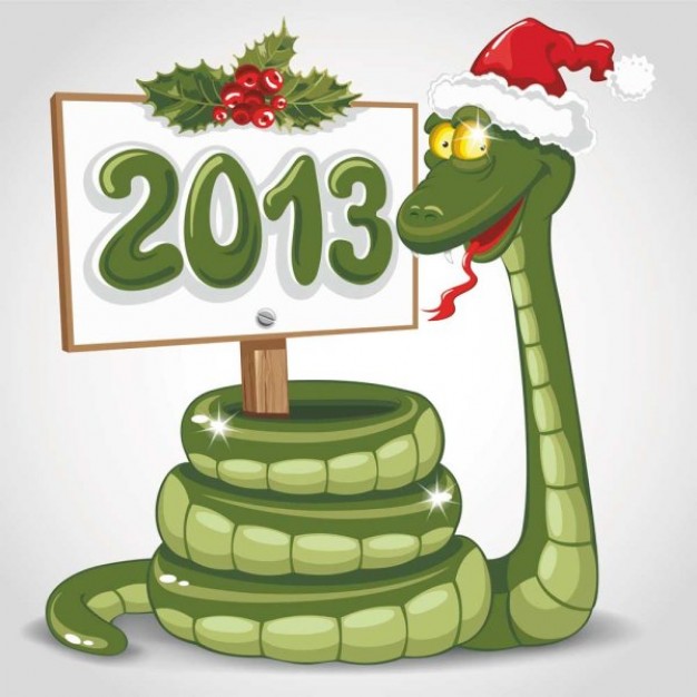 rolled snake with red Christmas hat and a 2013 sign