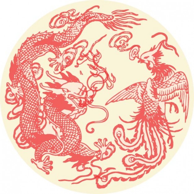 chinese dragon and phenix in red cycle