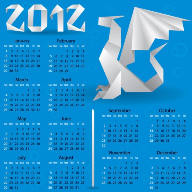 calendars with origami dragon blue background