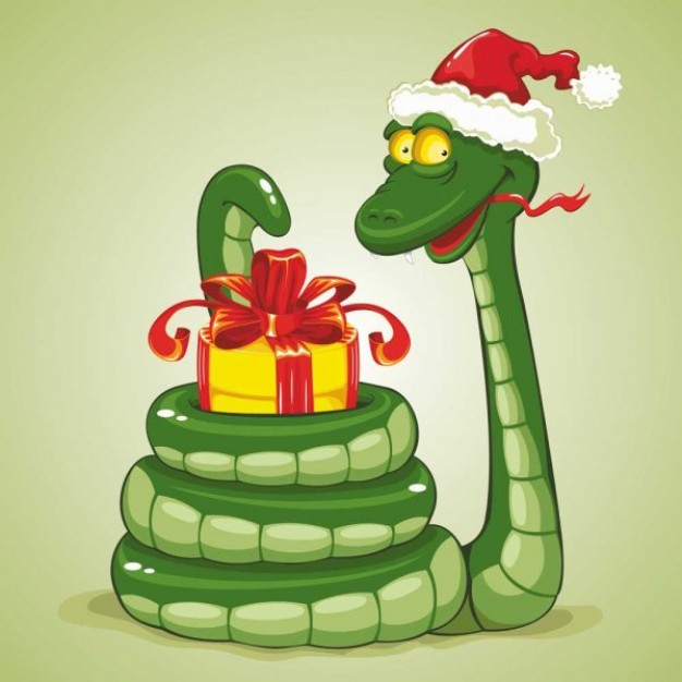 green rolled snake with a gift box and a christmas hat