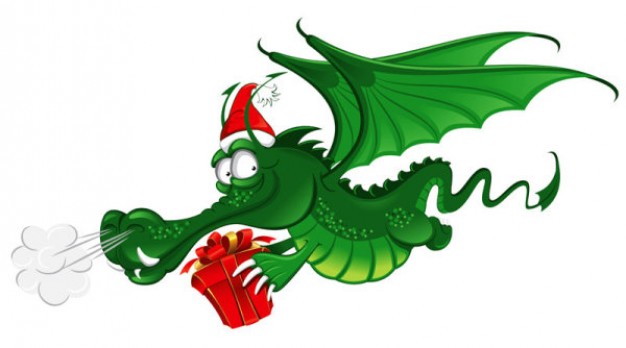 cartoon green dragon flying with red gift box