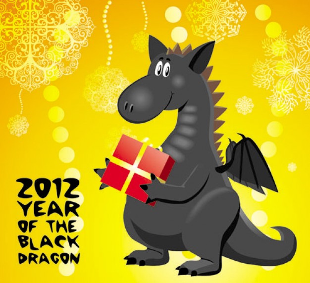 2012 new year dragon with golden snowflakes background
